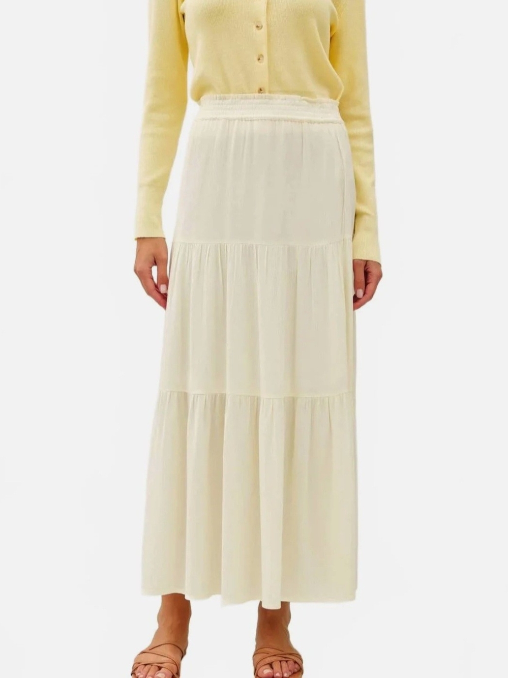 BE COOL Sienna Smocked white tiered maxi skirt, large + new